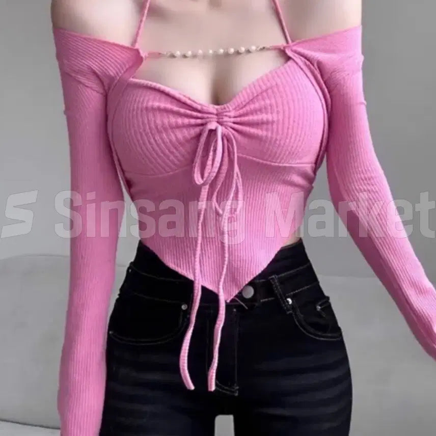 [BUNJANG] Detachable Pearl Embellished Camisole Top with Bolero / [빠른발송] 세트 볼레로 나시탑 끈나시 진주장식 탈부착가능 데