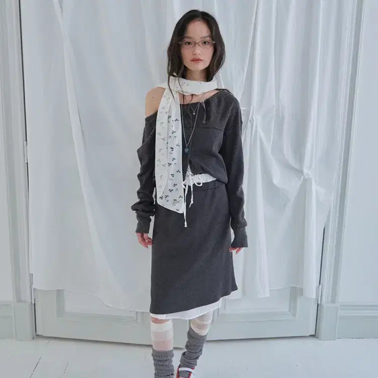 [BUNJANG] MUWM Double Layer Cardigan + Skirt Set (Charcoal) / MUWM 무음 더블 레이어 가디건+스커트 세트 (차콜)