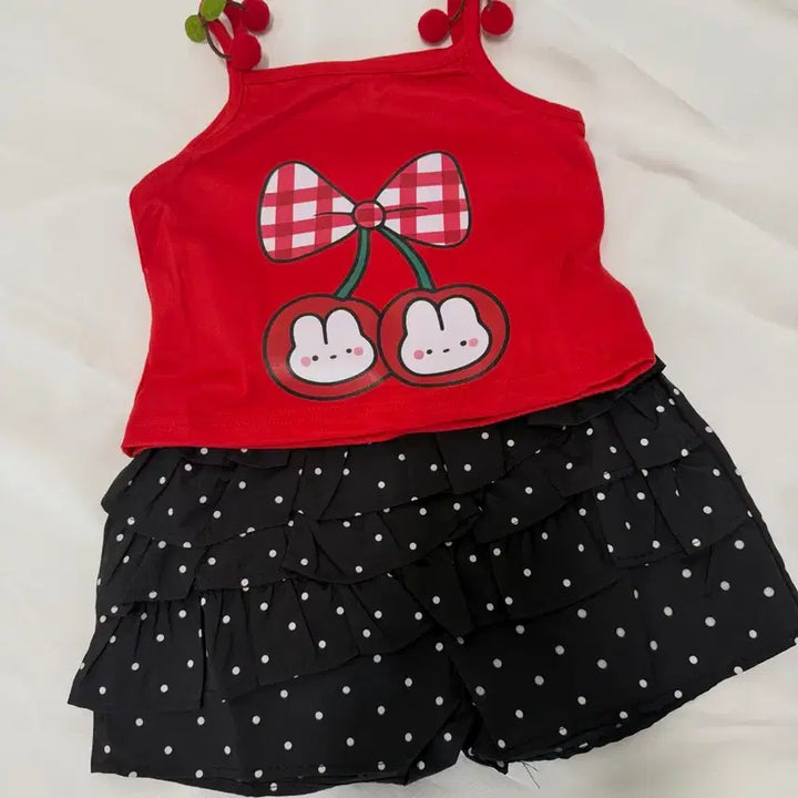 [BUNJANG] Cherry Tank Top &amp; Polka Dot Skirt Shorts Set / 90여아옷 새상품-체리나시+땡땡이치마바지 세트