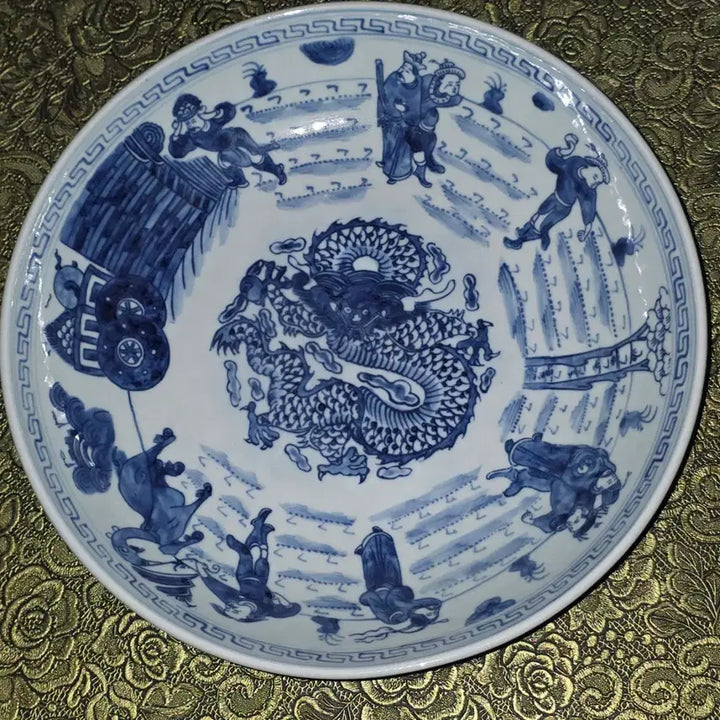 [BUNJANG] Antique Chinese Celadon Porcelain Vase with Dragon Motif / 청화백자 운용문(반)지름27 높이6 센치 중국도자기 오래된 고도자 골통품