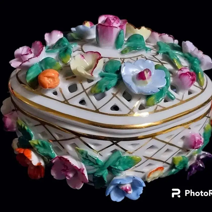 [BUNJANG] Vintage Floral Porcelain Filigree Trinket Box / 빈티지 꽃포지 투각 도자기 트링켓