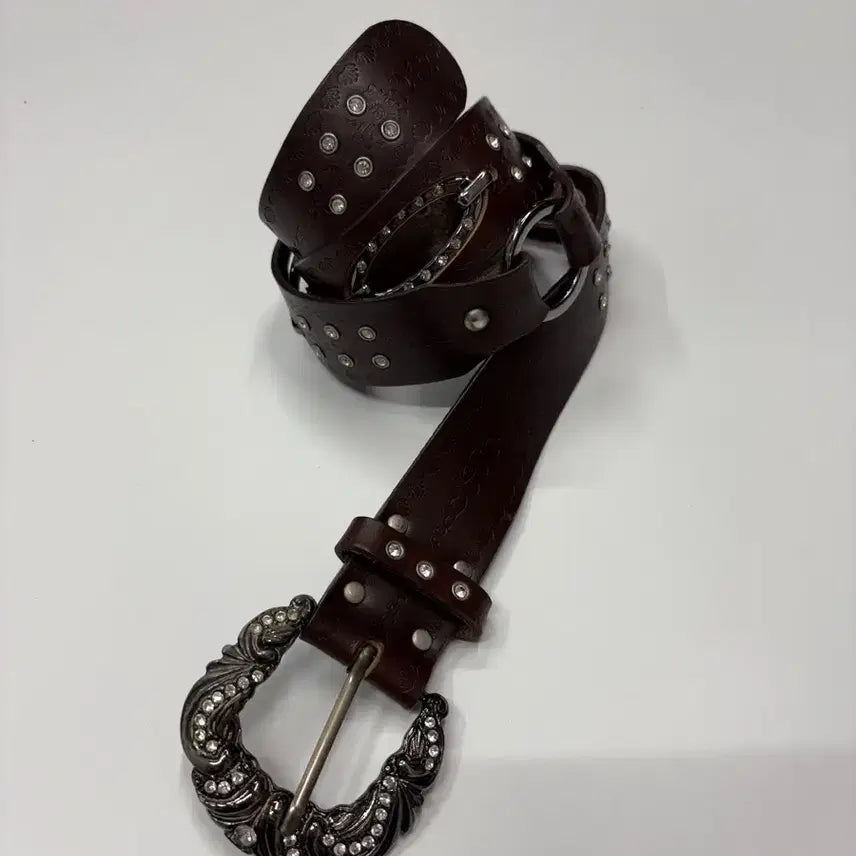 [BUNJANG] ROMANTTE Western Crystal Buckle Leather Belt / 웨스턴 큐빅 버클 레더 벨트