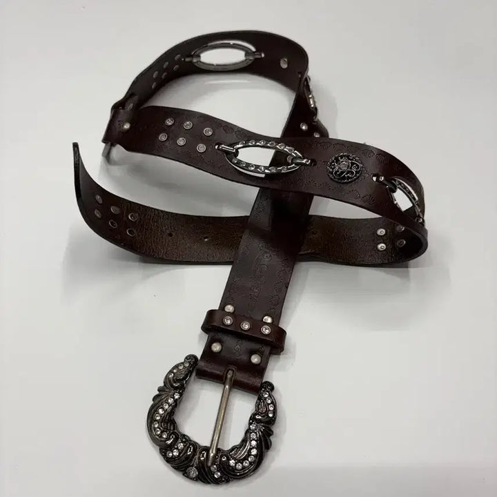[BUNJANG] ROMANTTE Western Crystal Buckle Leather Belt / 웨스턴 큐빅 버클 레더 벨트