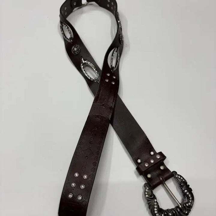 [BUNJANG] ROMANTTE Western Crystal Buckle Leather Belt / 웨스턴 큐빅 버클 레더 벨트
