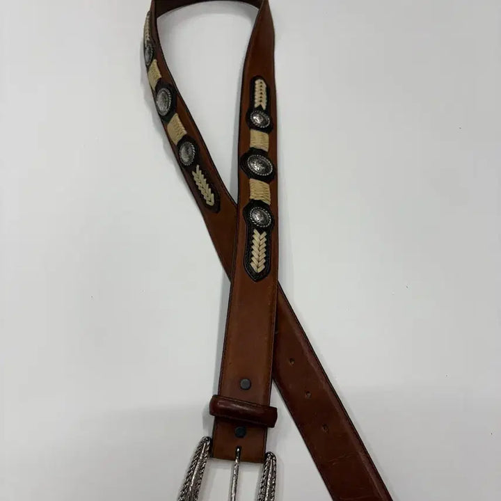 [BUNJANG] Western Concho Braided Leather Belt (38) / 빈티지 웨스턴 에스닉 크롬 콘초 레더 벨트