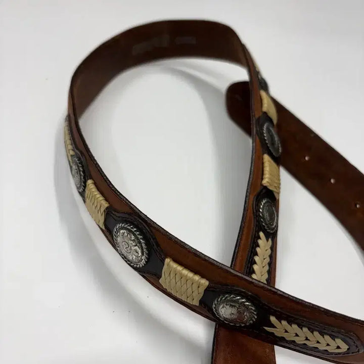 [BUNJANG] Western Concho Braided Leather Belt (38) / 빈티지 웨스턴 에스닉 크롬 콘초 레더 벨트