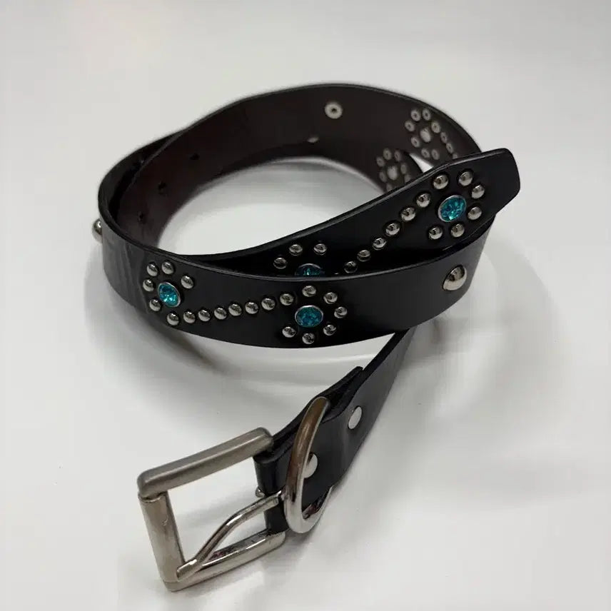 [BUNJANG] Gamma Gallery Western Blue Bead Studded Leather Belt / 감마 갤러리 웨스턴 블루비즈 스터드 레더 벨트
