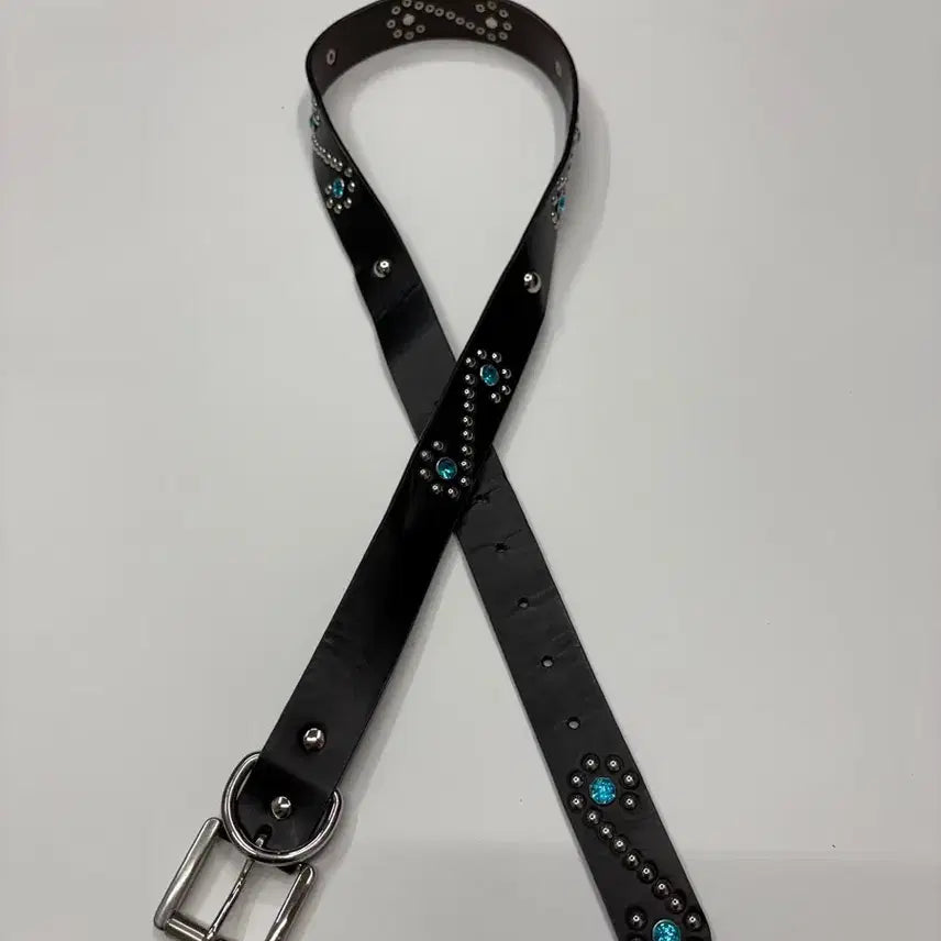 [BUNJANG] Gamma Gallery Western Blue Bead Studded Leather Belt / 감마 갤러리 웨스턴 블루비즈 스터드 레더 벨트