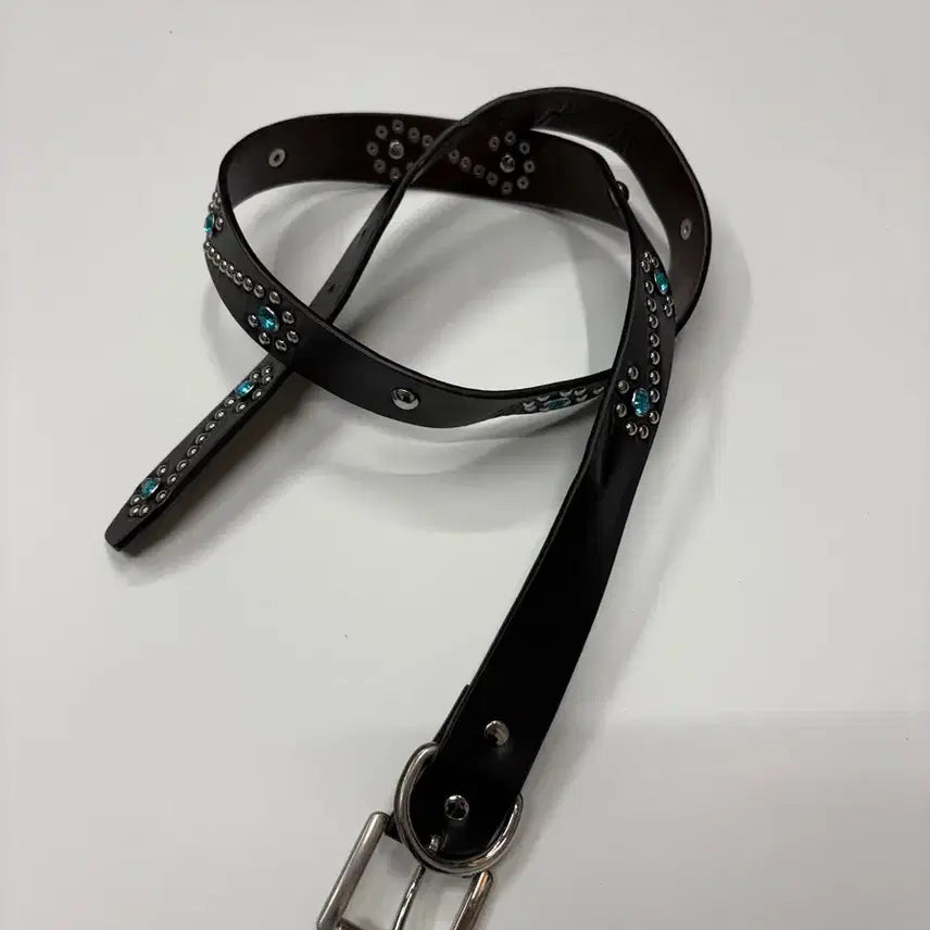 [BUNJANG] Gamma Gallery Western Blue Bead Studded Leather Belt / 감마 갤러리 웨스턴 블루비즈 스터드 레더 벨트