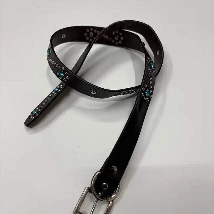 [BUNJANG] Gamma Gallery Western Blue Bead Studded Leather Belt / 감마 갤러리 웨스턴 블루비즈 스터드 레더 벨트