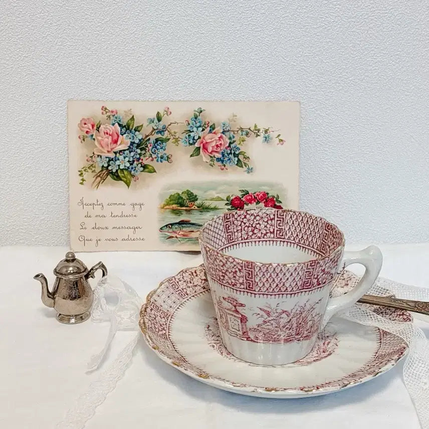 [BUNJANG] French Antique Lunéville Red Lace Cup &amp; Saucer / 프렌치 앤틱 떼흐드페 르네빌 컵앤소서