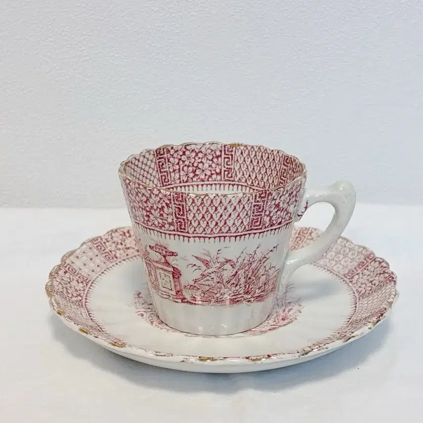 [BUNJANG] French Antique Lunéville Red Lace Cup &amp; Saucer / 프렌치 앤틱 떼흐드페 르네빌 컵앤소서