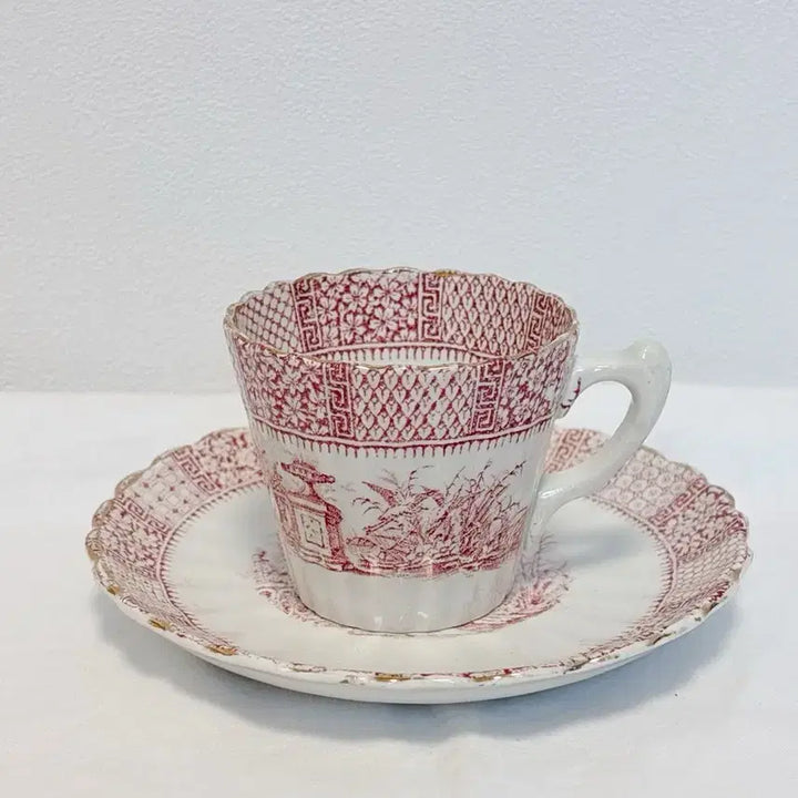 [BUNJANG] French Antique Lunéville Red Lace Cup &amp; Saucer / 프렌치 앤틱 떼흐드페 르네빌 컵앤소서