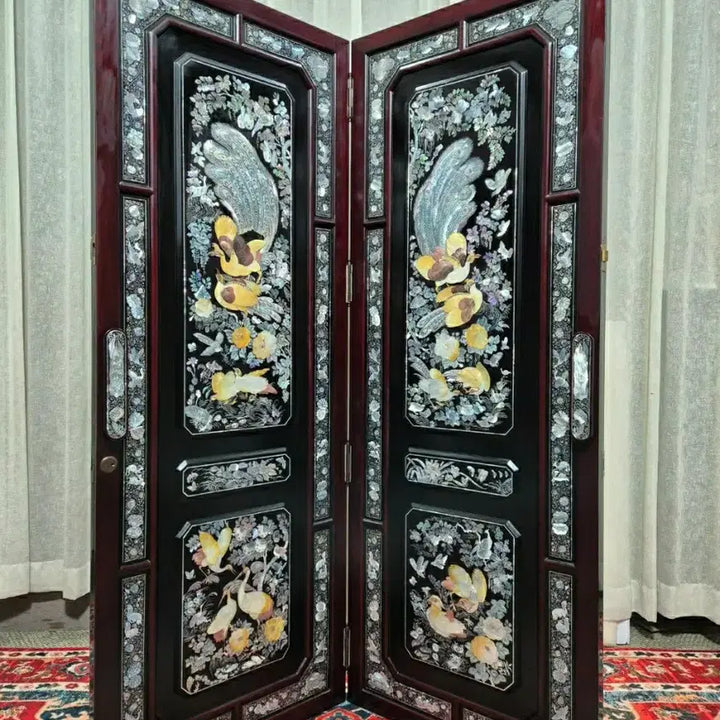 [BUNJANG] 1970s Vintage Tongyeong Mother-of-Pearl Inlaid Folding Screen / N6-1 70S 빈티지 오리지널 통영나전칠기 천연자개 2폭 접이식 파티션
