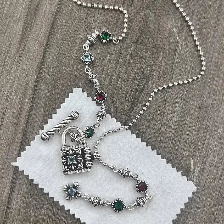[BUNJANG] 925 Silver Color Stone Lock Necklace / 925 실버 컬러 스톤 자물쇠 목걸이