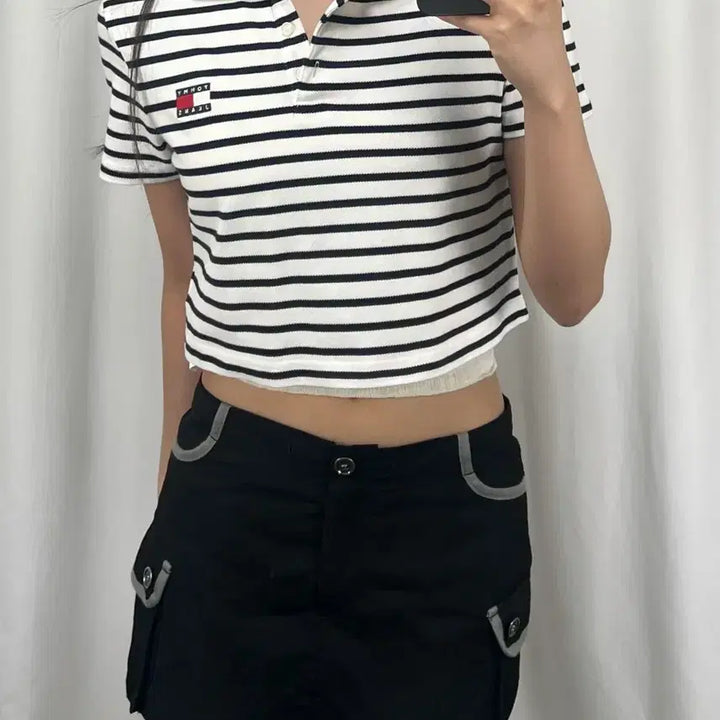 [BUNJANG] Tommy Jeans Striped Cropped Short Sleeve Polo T-Shirt / 타미힐피거 진스  스트라이프 크롭 반팔 카라티