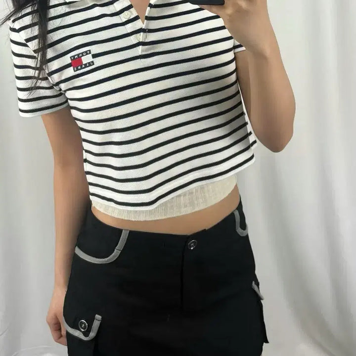 [BUNJANG] Tommy Jeans Striped Cropped Short Sleeve Polo T-Shirt / 타미힐피거 진스  스트라이프 크롭 반팔 카라티