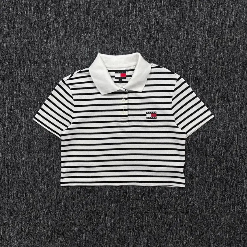 [BUNJANG] Tommy Jeans Striped Cropped Short Sleeve Polo T-Shirt / 타미힐피거 진스  스트라이프 크롭 반팔 카라티
