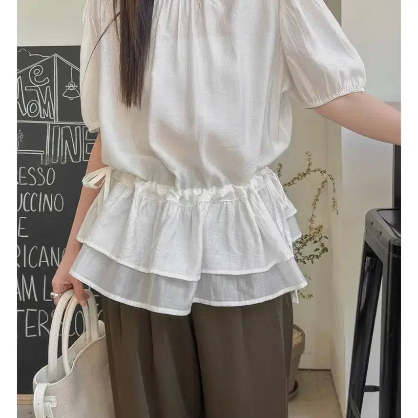 [BUNJANG] J Style Ivlet Lerop Layered String Shirring Blouse - Ivory, Size 2 / (새상품) 제이스타일 이블렛 레로프 레이어트 스트링 셔링 블라우스