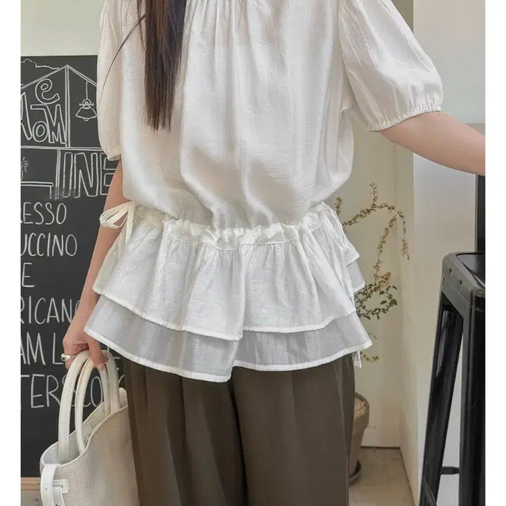 [BUNJANG] J Style Ivlet Lerop Layered String Shirring Blouse - Ivory, Size 2 / (새상품) 제이스타일 이블렛 레로프 레이어트 스트링 셔링 블라우스