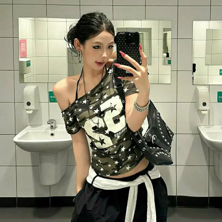 [BUNJANG] Military Camo Cropped T-Shirt Asymmetrical Hem / 밀리터리 티셔츠 카모 크롭티셔츠 언발란스 언발티 카모티
