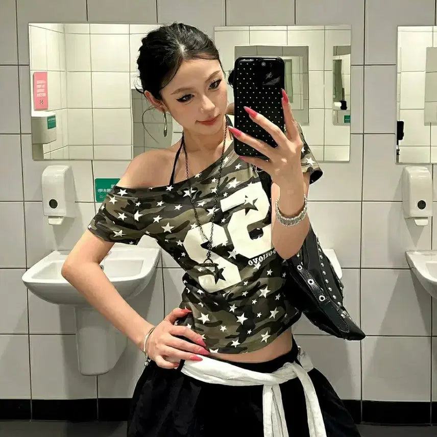 [BUNJANG] Military Camo Cropped T-Shirt Asymmetrical Hem / 밀리터리 티셔츠 카모 크롭티셔츠 언발란스 언발티 카모티