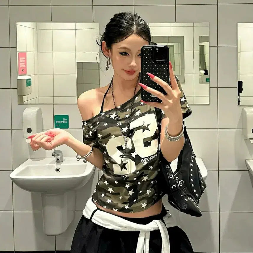 [BUNJANG] Military Camo Cropped T-Shirt Asymmetrical Hem / 밀리터리 티셔츠 카모 크롭티셔츠 언발란스 언발티 카모티