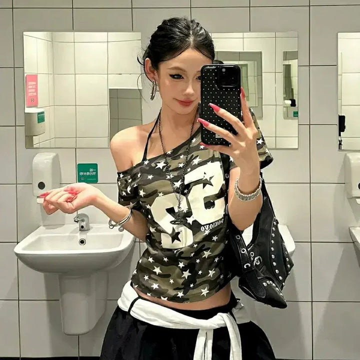 [BUNJANG] Military Camo Cropped T-Shirt Asymmetrical Hem / 밀리터리 티셔츠 카모 크롭티셔츠 언발란스 언발티 카모티