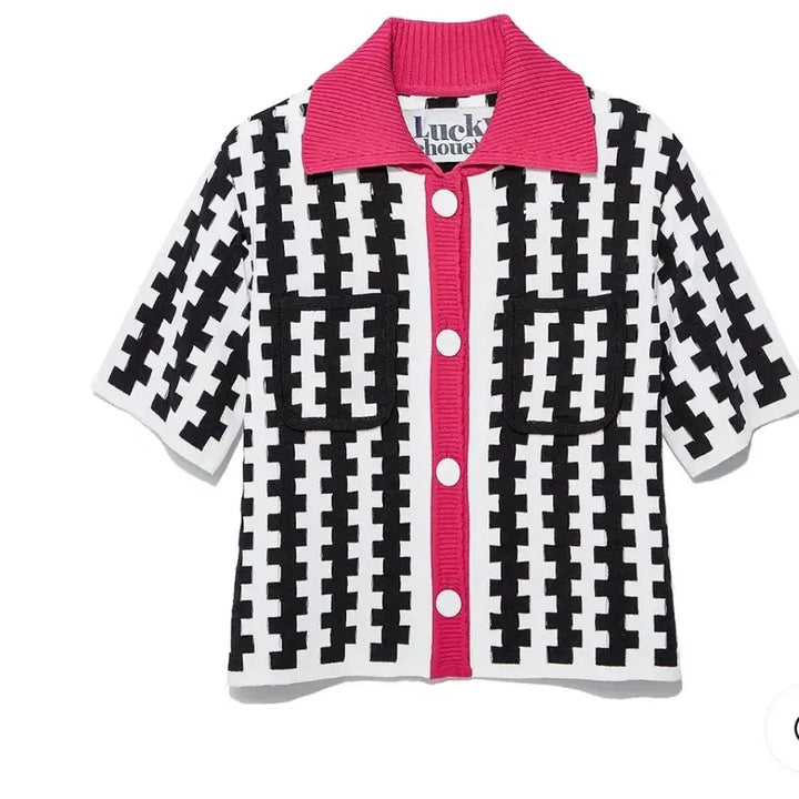 [BUNJANG] Lucky Chouette Color-Blocked Collar Knit Sweater (Free Size) / 백화점구매 Lucky chouette 배색카라 니트 F