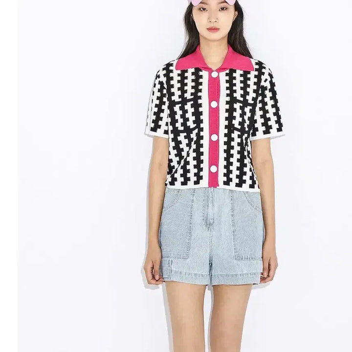 [BUNJANG] Lucky Chouette Color-Blocked Collar Knit Sweater (Free Size) / 백화점구매 Lucky chouette 배색카라 니트 F