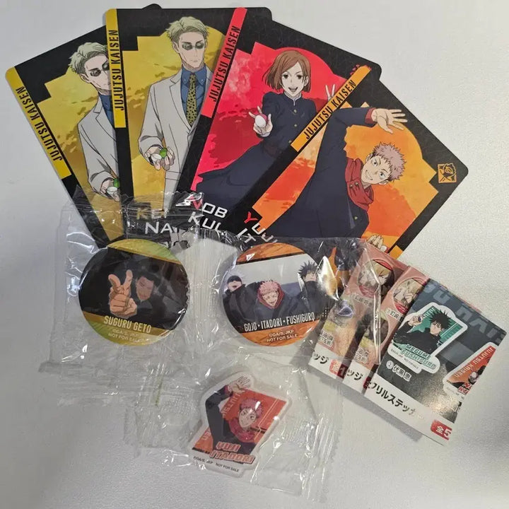 [BUNJANG] Jujutsu Kaisen Kurazushi Collaboration Goods Bundle (Cards, Can Badges, Acrylic Sticker) / 주술회전 쿠라스시 굿즈 일괄 - 카드, 캔뱃지, 아크릴스티커