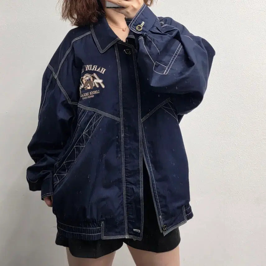 [BUNJANG] Hardy Amies London Bulldog Embroidered Color Block Stitch Blouson Navy / [프립]105/하디 에이미스 런던 불독 자수 배색 스티치 블루종