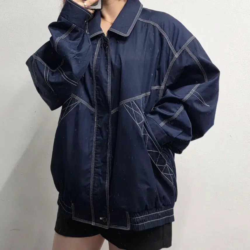 [BUNJANG] Hardy Amies London Bulldog Embroidered Color Block Stitch Blouson Navy / [프립]105/하디 에이미스 런던 불독 자수 배색 스티치 블루종