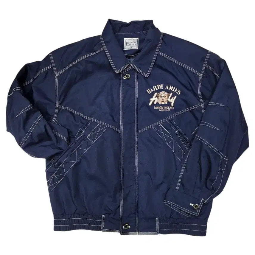 [BUNJANG] Hardy Amies London Bulldog Embroidered Color Block Stitch Blouson Navy / [프립]105/하디 에이미스 런던 불독 자수 배색 스티치 블루종