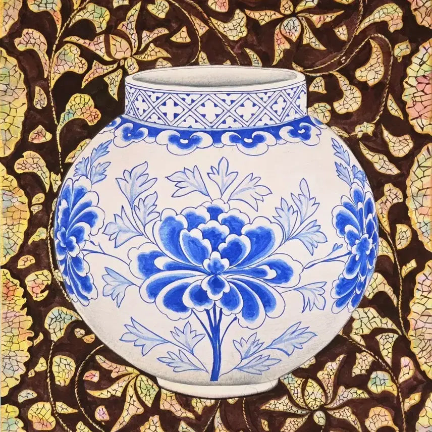 [BUNJANG] Minhwa Painting "Peony Vine and Celadon Moon Jar" by Gawon Kim Min-seo, Framed / 나전칠기 모란넝쿨무늬와 청화백자달항아리 민화 그림 액자