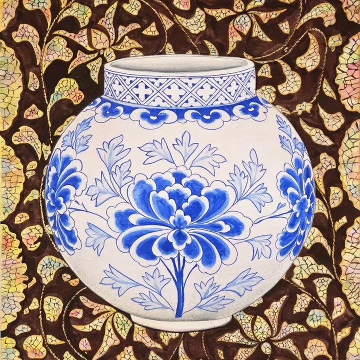 [BUNJANG] Minhwa Painting "Peony Vine and Celadon Moon Jar" by Gawon Kim Min-seo, Framed / 나전칠기 모란넝쿨무늬와 청화백자달항아리 민화 그림 액자