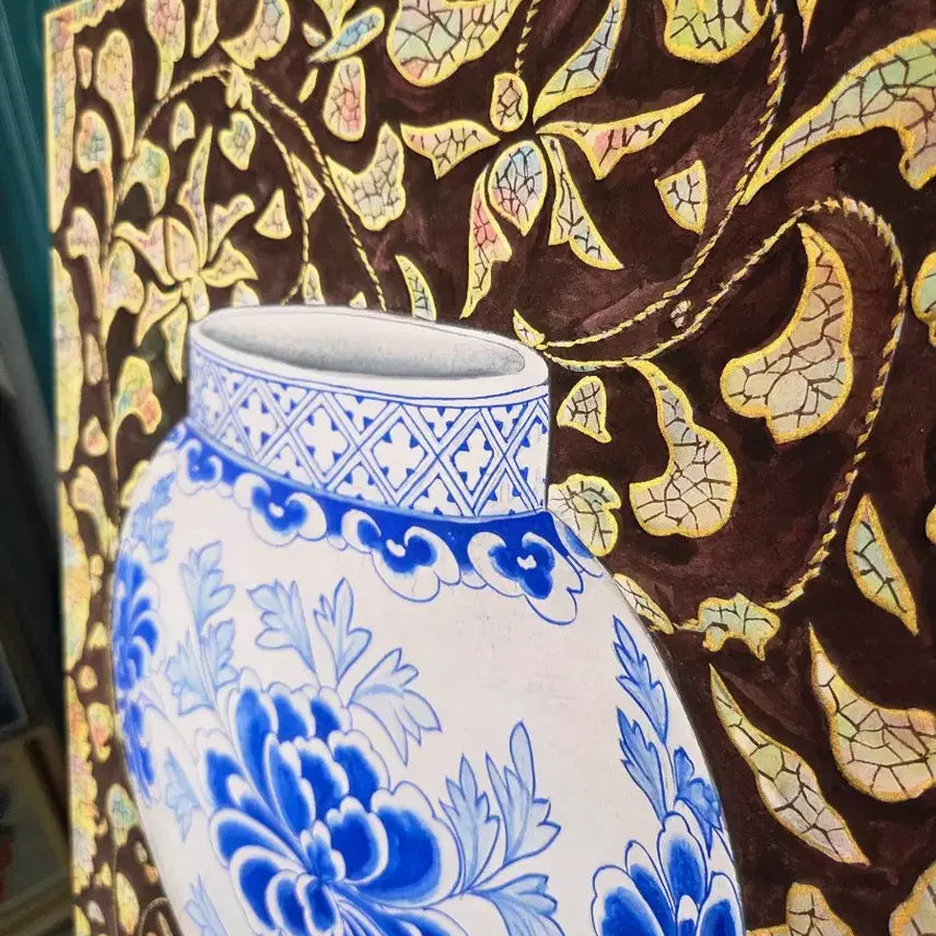 [BUNJANG] Minhwa Painting "Peony Vine and Celadon Moon Jar" by Gawon Kim Min-seo, Framed / 나전칠기 모란넝쿨무늬와 청화백자달항아리 민화 그림 액자