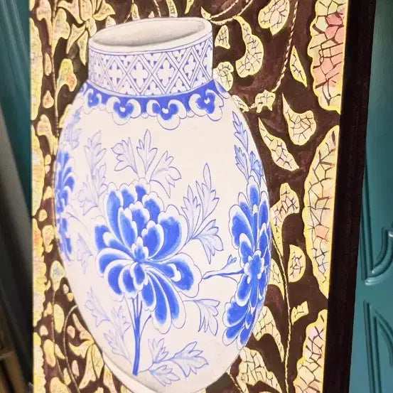 [BUNJANG] Minhwa Painting "Peony Vine and Celadon Moon Jar" by Gawon Kim Min-seo, Framed / 나전칠기 모란넝쿨무늬와 청화백자달항아리 민화 그림 액자
