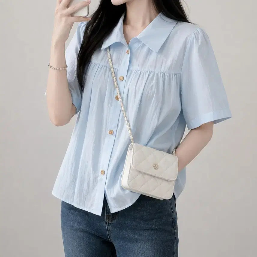 [BUNJANG] Sky Blue Puff Sleeve Shirt Blouse (New) / 새상품 하늘 퍼프반팔 셔츠블라우스