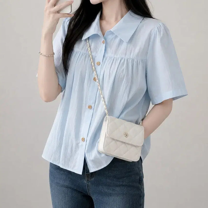 [BUNJANG] Sky Blue Puff Sleeve Shirt Blouse (New) / 새상품 하늘 퍼프반팔 셔츠블라우스