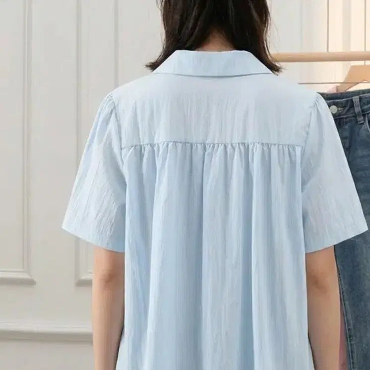 [BUNJANG] Sky Blue Puff Sleeve Shirt Blouse (New) / 새상품 하늘 퍼프반팔 셔츠블라우스