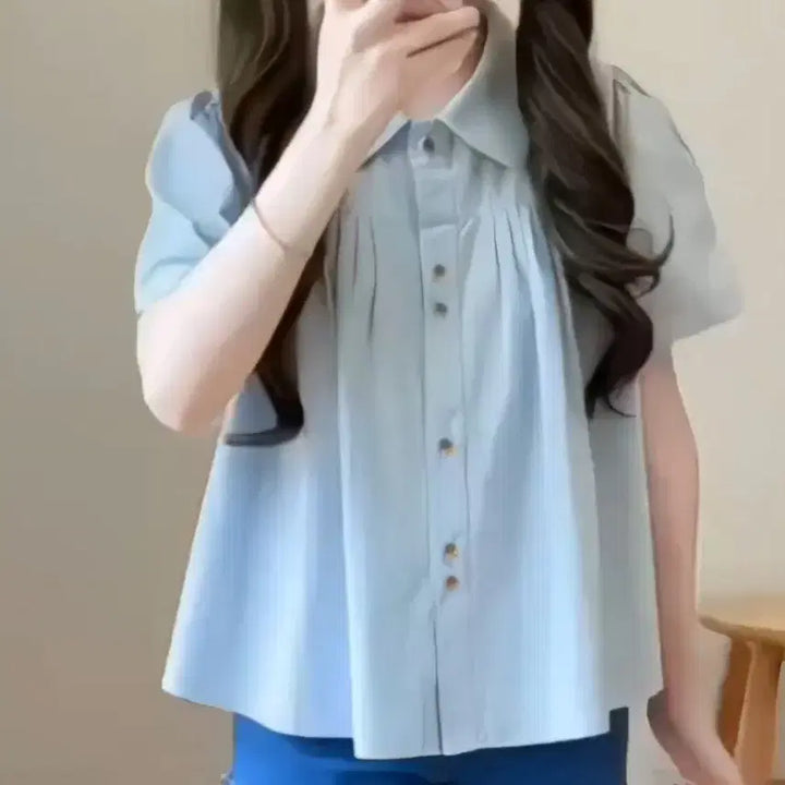 [BUNJANG] Sky Blue Puff Sleeve Shirt Blouse (New) / 새상품 하늘 퍼프반팔 셔츠블라우스