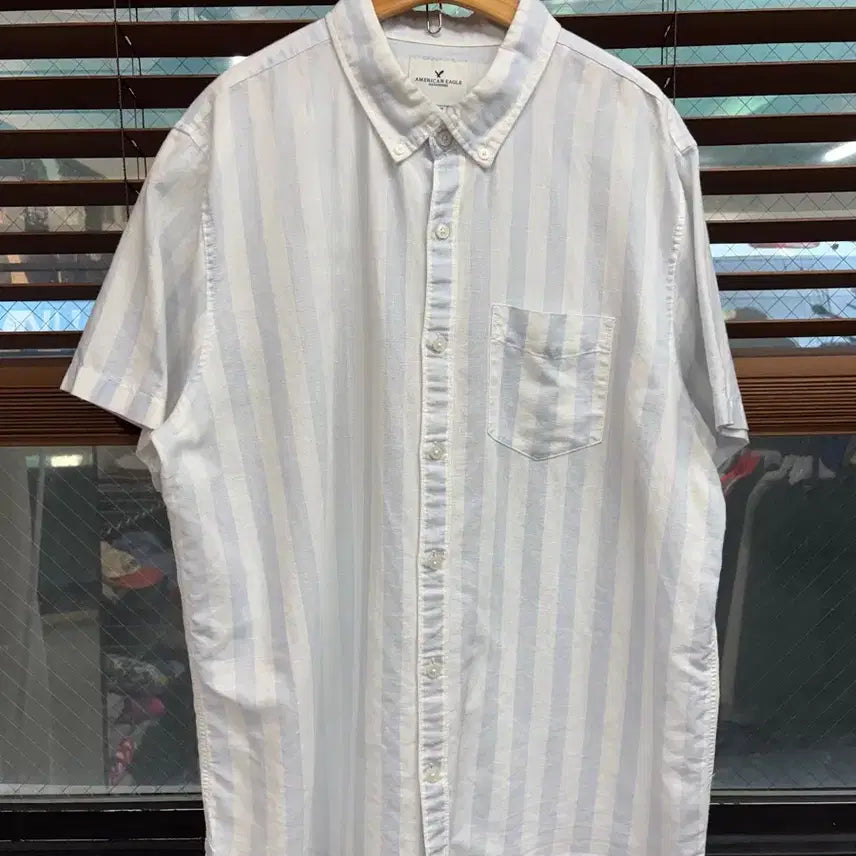 [BUNJANG] American Eagle Cotton Linen Stripe Short Sleeve Shirt XL / American Eagle 아메리칸 이글 코튼 린넨 스트라이프 반팔 셔츠