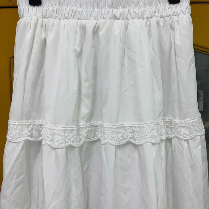 [BUNJANG] White Lace Flare Long Skirt with Ribbon / 새상품) 화이트 레이스 플레어 롱스커트 밴딩 치마 리본