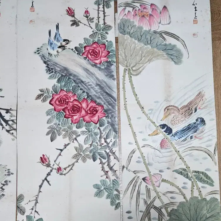 [BUNJANG] Indang Lee Young-gyun Master 8-Panel Folding Screen with Birds and Flowers / 인당 이영균 선생  8폭 화조병풍