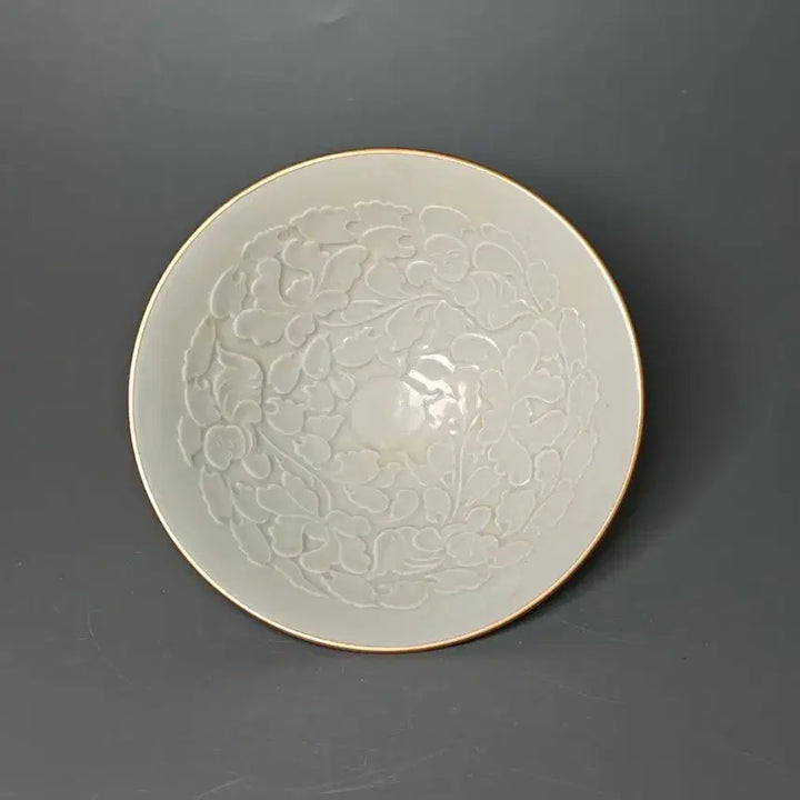[BUNJANG] Joseon Dynasty Celadon Porcelain Vase with Peony Motif and Gold Rim / 송대 청백자 목단문 금테 발 중국도자기 골동품 미술품 수집품