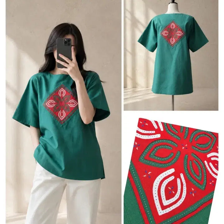 [BUNJANG] Vanida Handmade Embroidered Tunic Blouse - Emerald Green (M) / (정품/새상품) 핸드메이드 자수 튜닉 블라우스 / M (66)