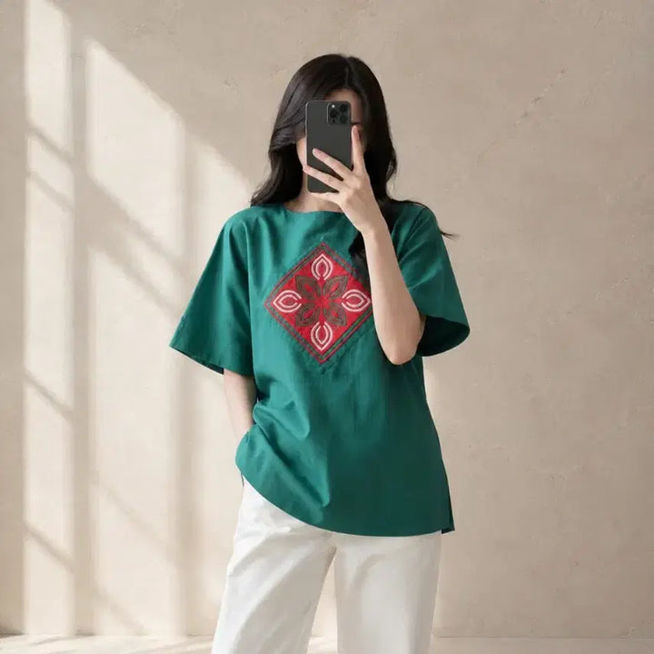 [BUNJANG] Vanida Handmade Embroidered Tunic Blouse - Emerald Green (M) / (정품/새상품) 핸드메이드 자수 튜닉 블라우스 / M (66)