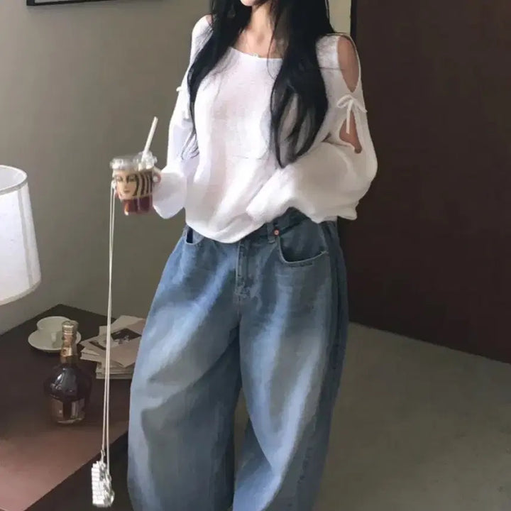 [BUNJANG] Shoulder Ribbon Slit Knit Ivory / 어깨 리본 트임 니트 아이보리