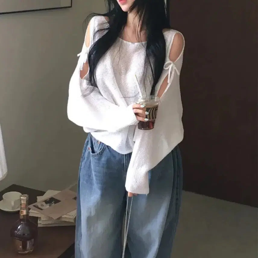 [BUNJANG] Shoulder Ribbon Slit Knit Ivory / 어깨 리본 트임 니트 아이보리